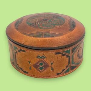 Tooled Leather Trinket Box - Vintage Aztec Style Serpent & Monkey Decor 5"
